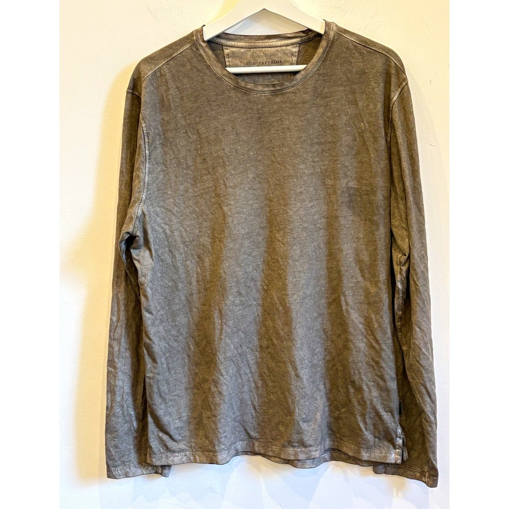 John Varvatos Mens olive green distressed Long Sleeve Crew Neck T-Shirt sz L gru
